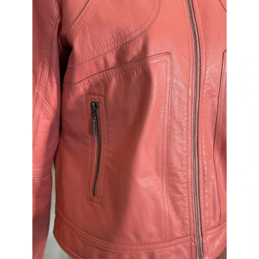 Wilsons Leather Maxima Moto Jacket‎ Womens Large Orange Biker Collarless Zip Up